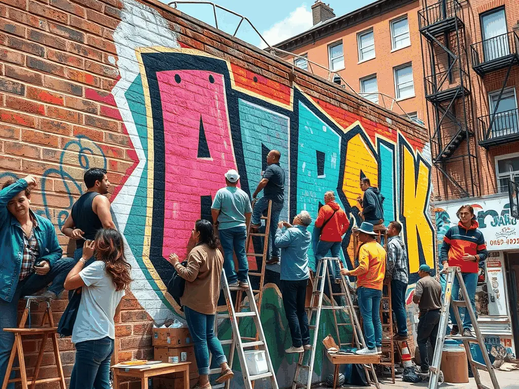 A photograph of a community mural project in progress, with local residents and artists collaborating to create a vibrant mural that beautifies a public space and promotes community pride.