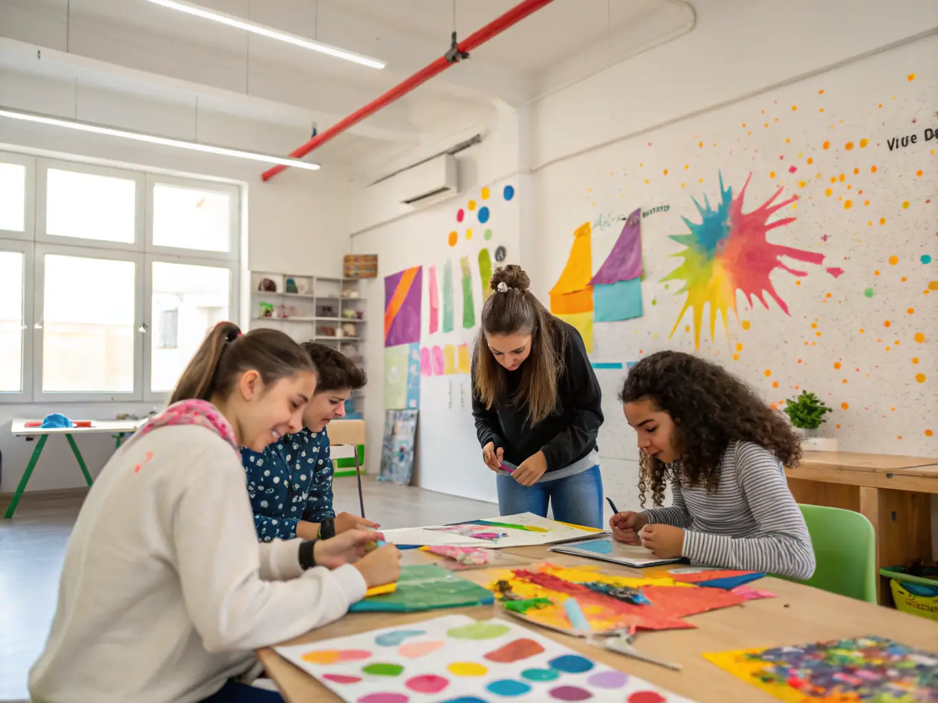 A photograph capturing a dynamic youth arts workshop in progress, with young participants actively engaged in painting and creative expression, showcasing the nurturing environment provided by STUDIOS MANIAC.